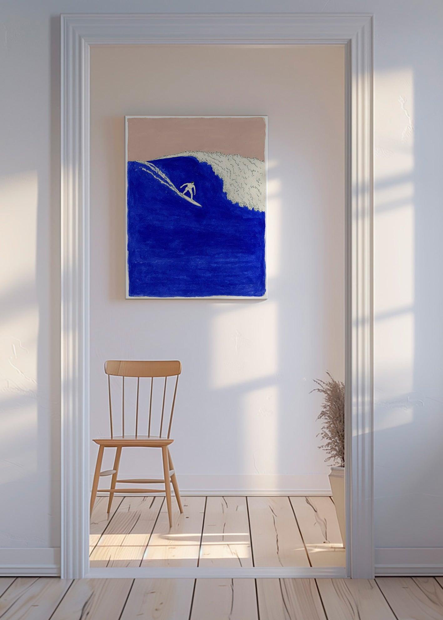 Quadro sportivo: surfista su onda blu intensa