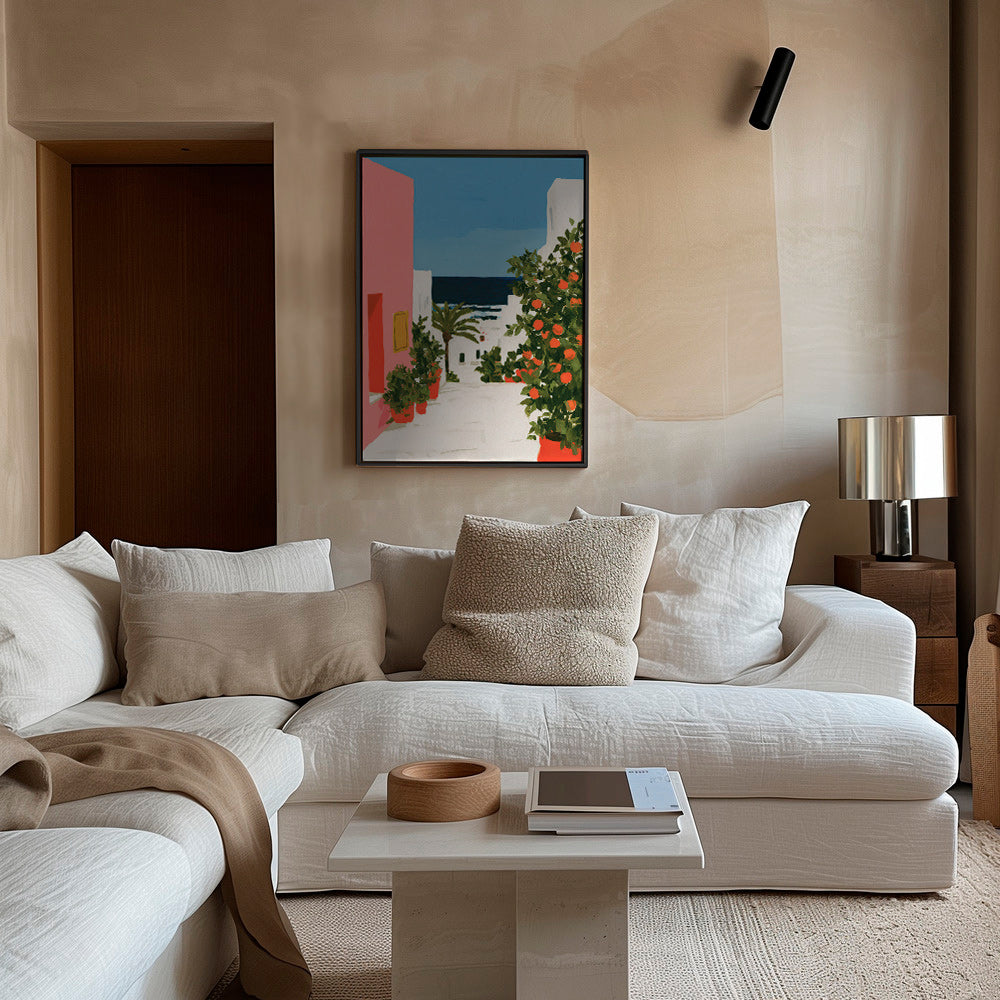 Quadro paesaggio: vicolo costiero con aranci