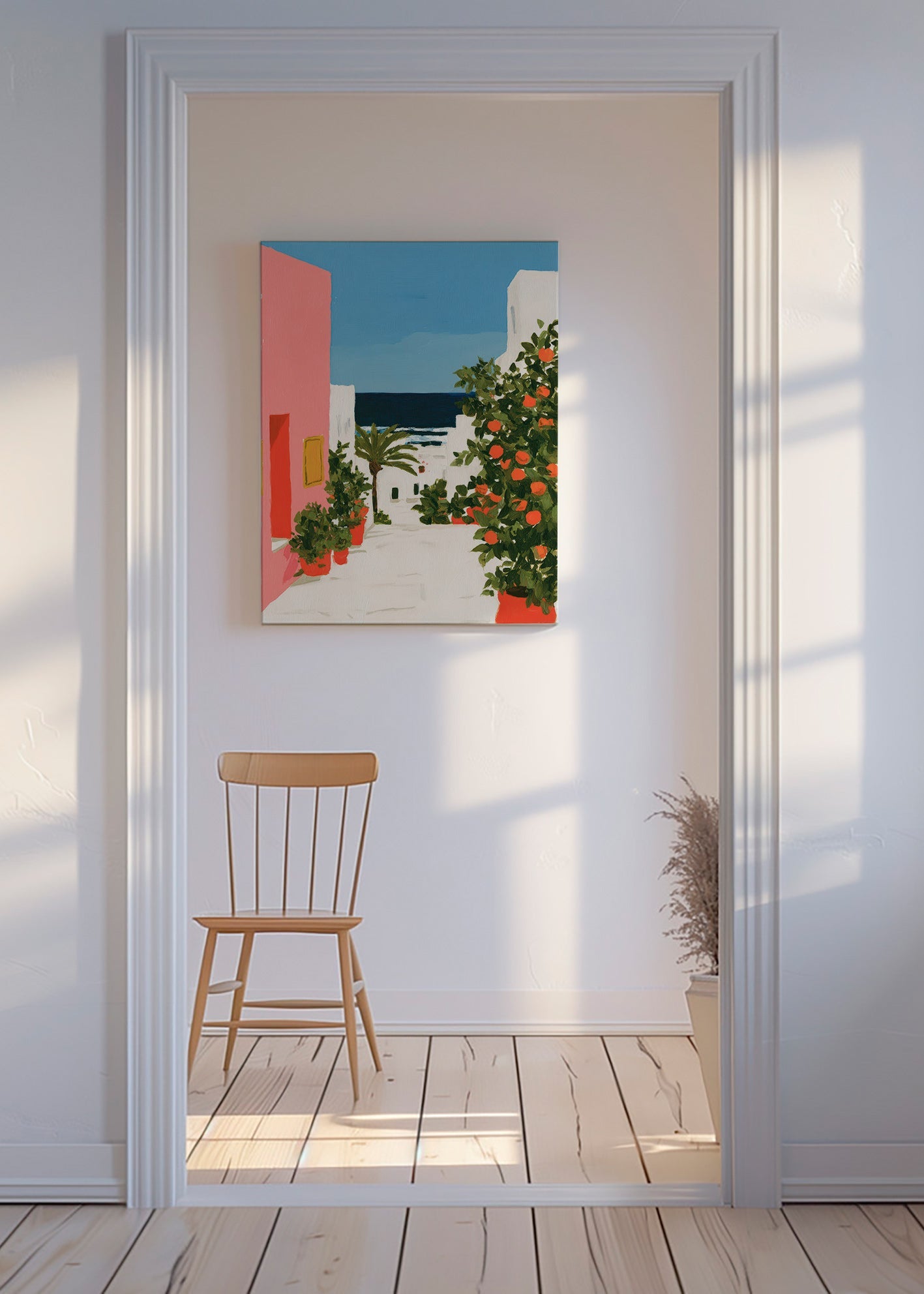 Quadro paesaggio: vicolo costiero con aranci