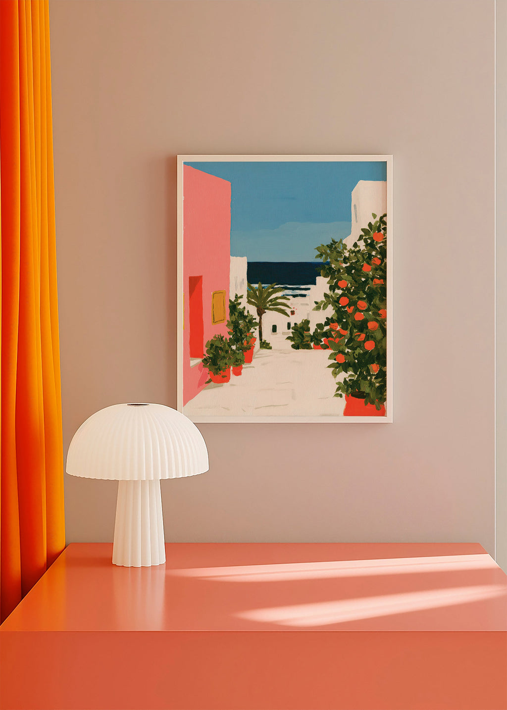 Quadro paesaggio: vicolo costiero con aranci
