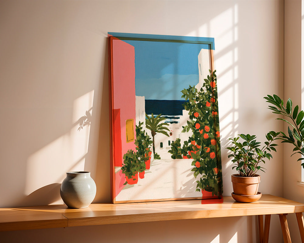 Quadro paesaggio: vicolo costiero con aranci