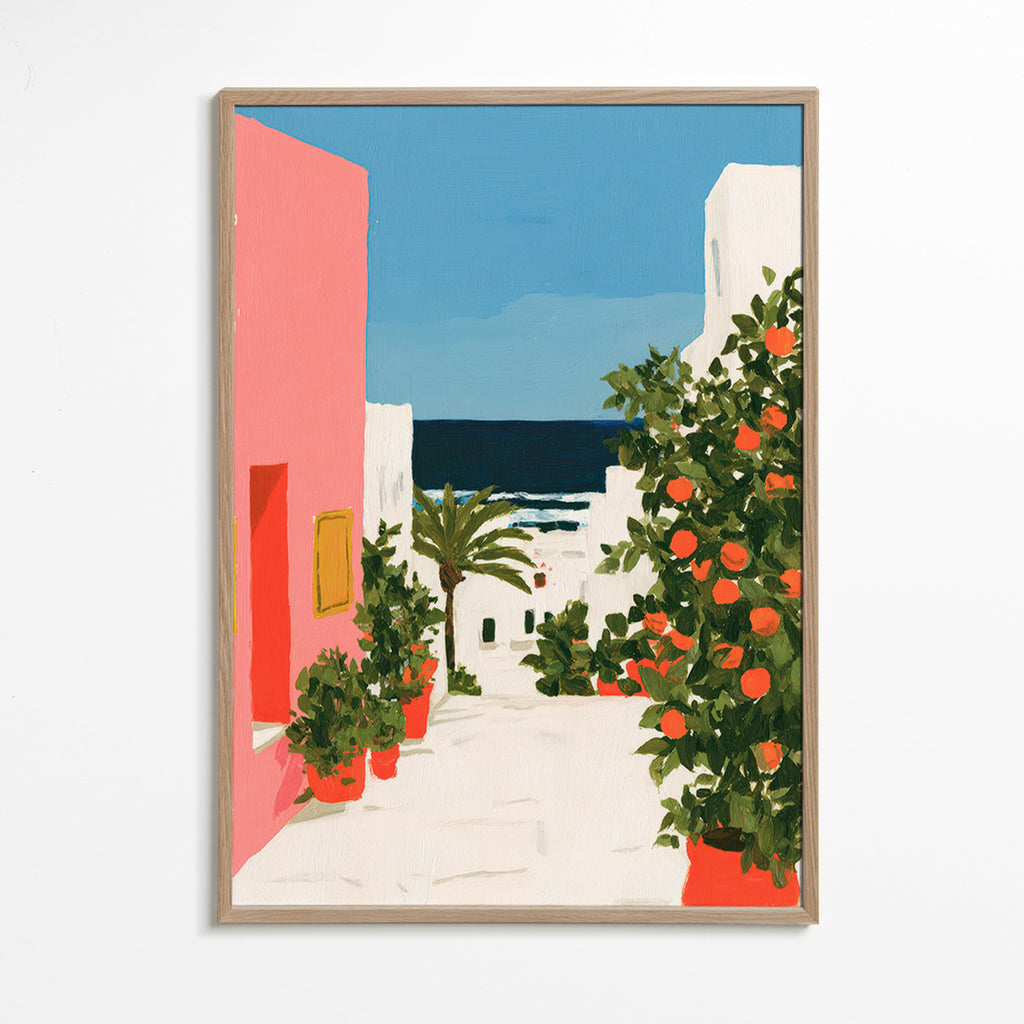 Quadro paesaggio: vicolo costiero con aranci
