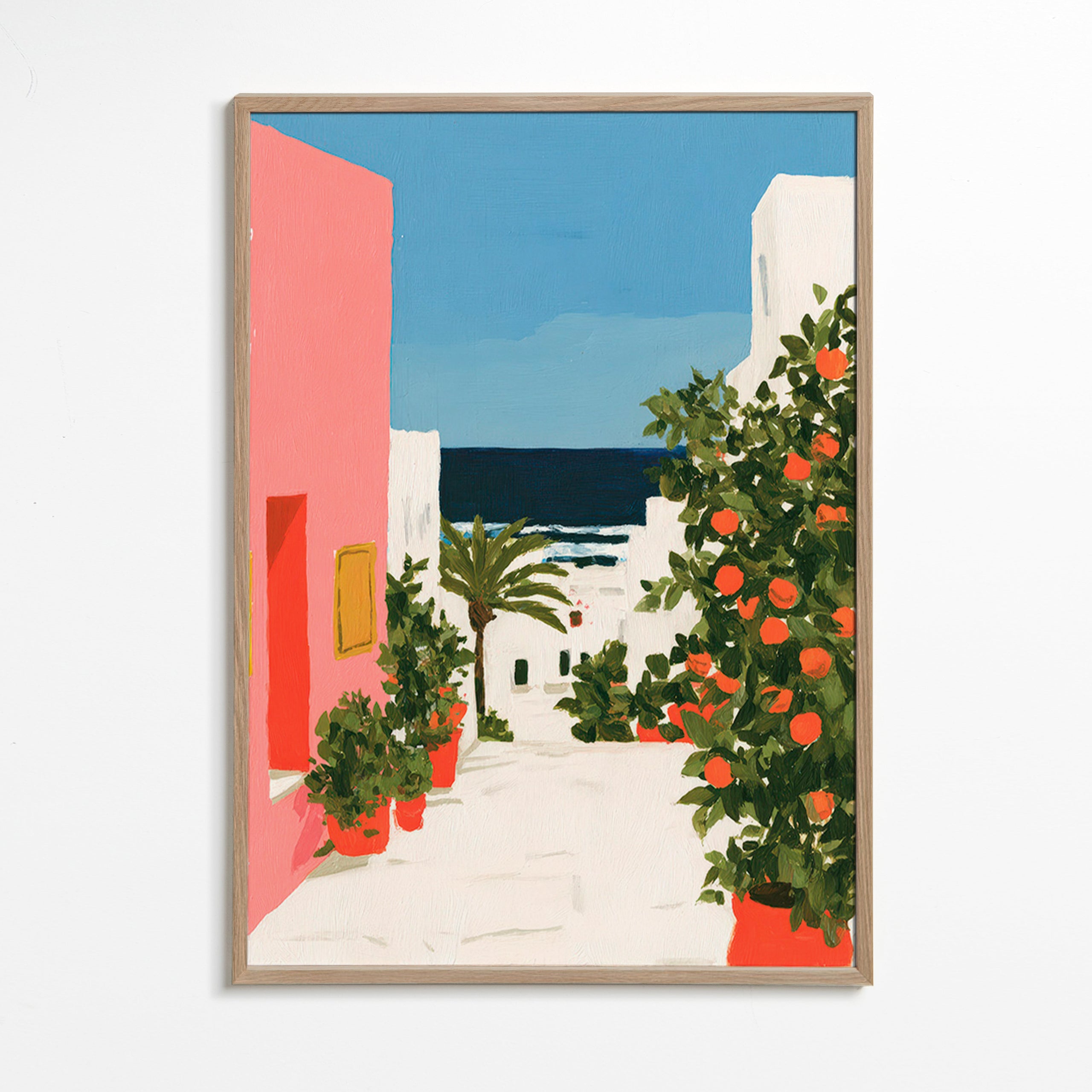 Quadro paesaggio: vicolo costiero con aranci