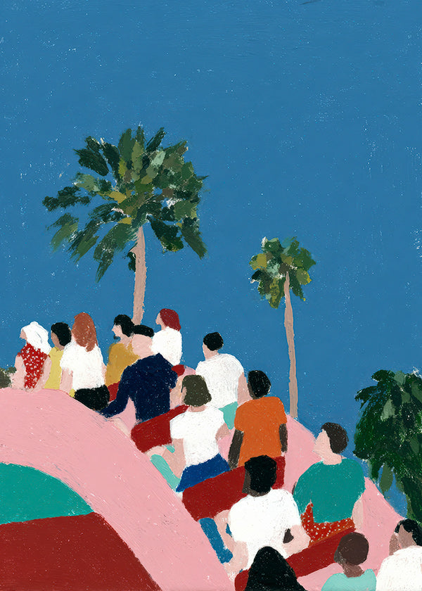 Illustrazione folla su giostra con palme