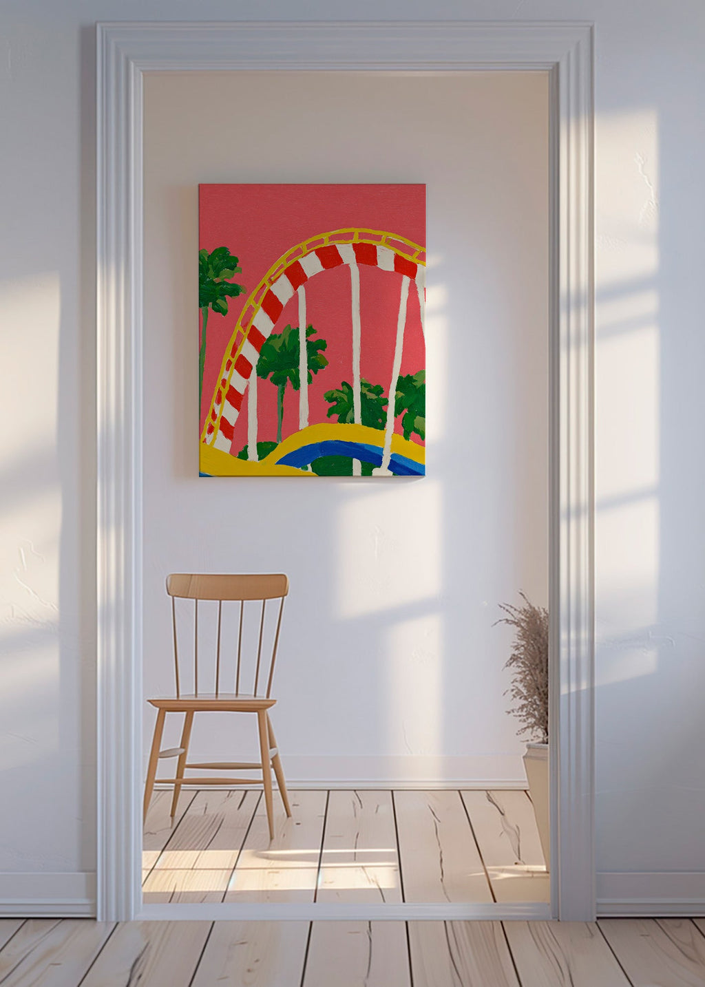 Stampa botanica con palme e arco colorato