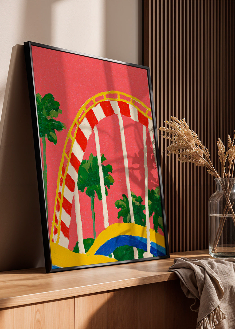 Stampa botanica con palme e arco colorato
