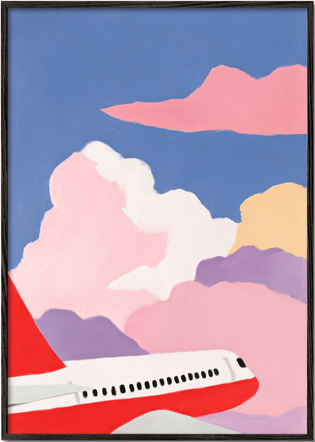 Illustrazione aereo tra nuvole rosa