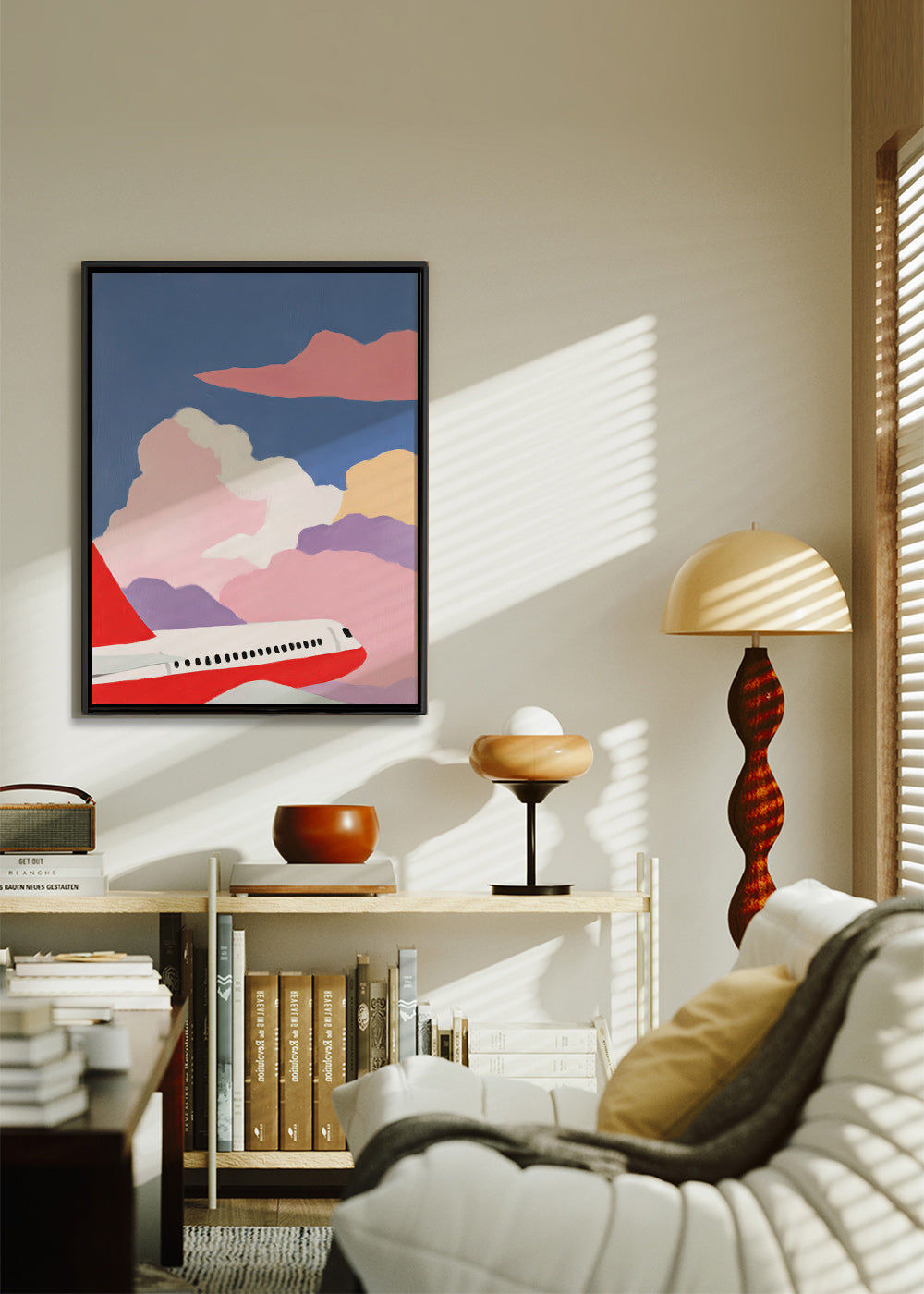 Illustrazione aereo tra nuvole rosa
