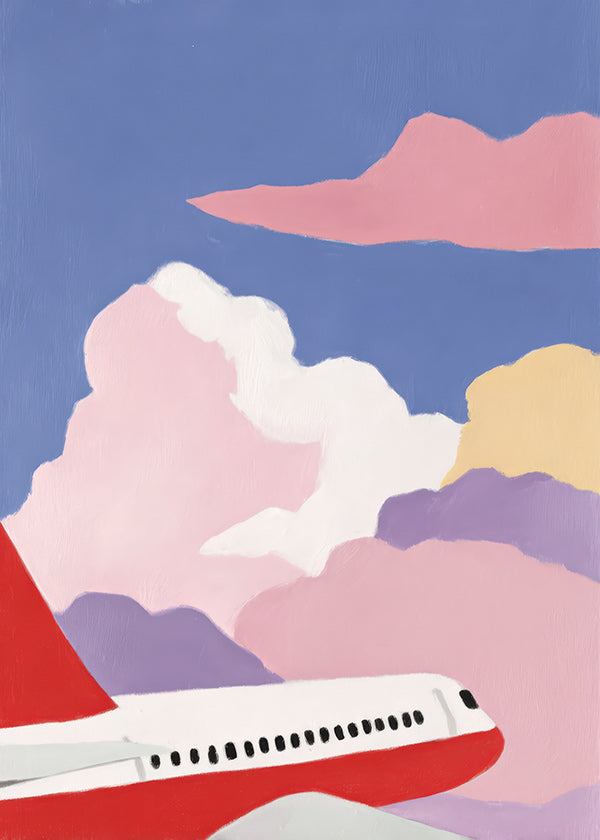 Illustrazione aereo tra nuvole rosa