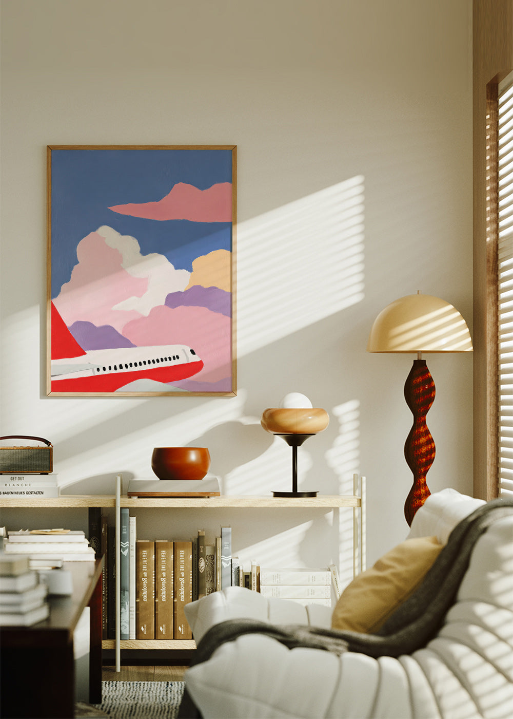 Illustrazione aereo tra nuvole rosa
