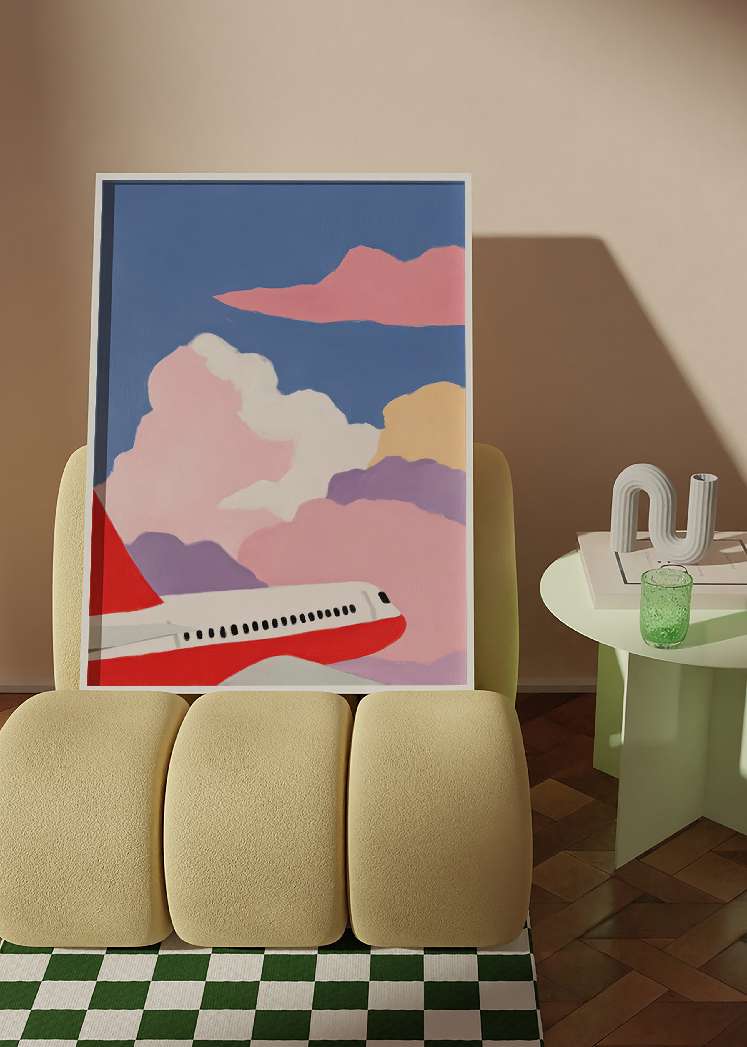 Illustrazione aereo tra nuvole rosa
