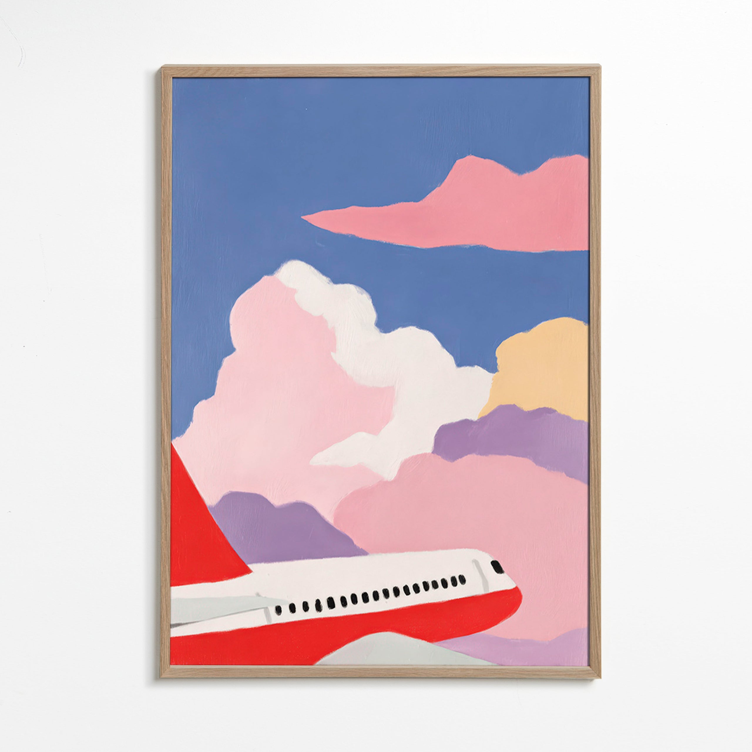 Illustrazione aereo tra nuvole rosa