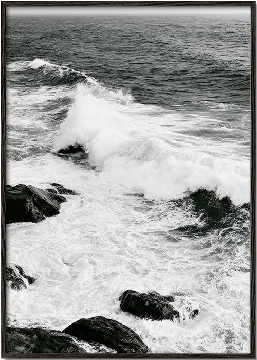 Quadro paesaggistico marino in bianco e nero con onde