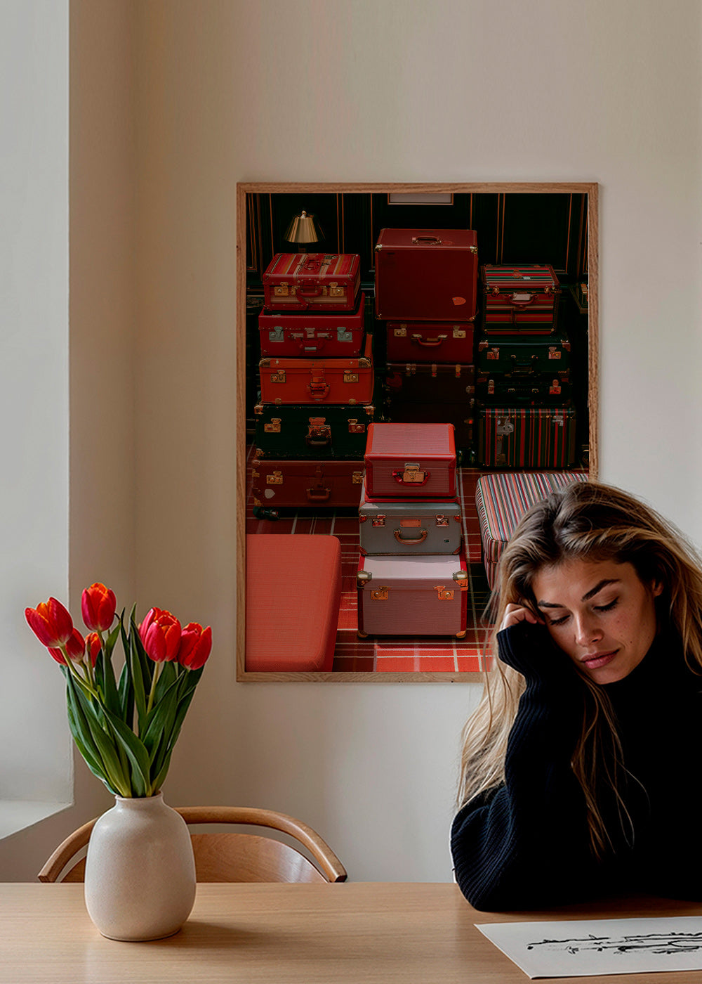 Arte da viaggio con valigie rosse impilate