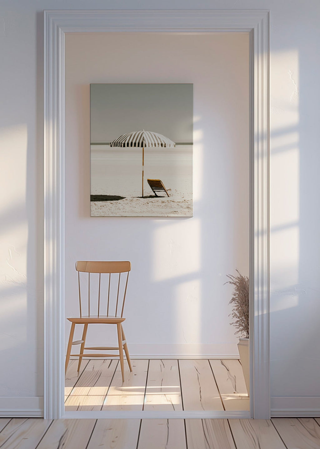 Quadro paesaggio con ombrellone solitario