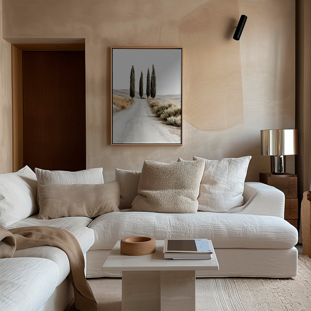 Quadro di paesaggio con cipressi sulla strada