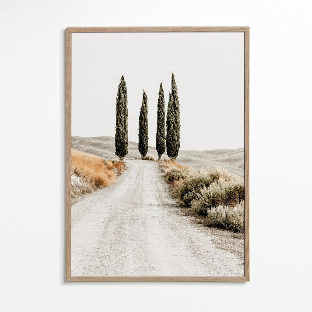 Quadro di paesaggio con cipressi sulla strada