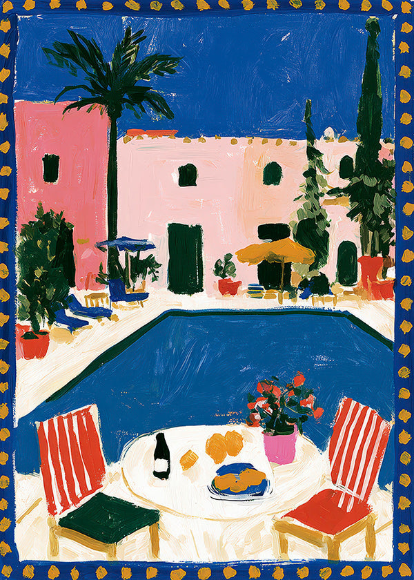 Poster di viaggio: villa rosa con piscina