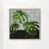 Monstera leaves on black marble and tiles