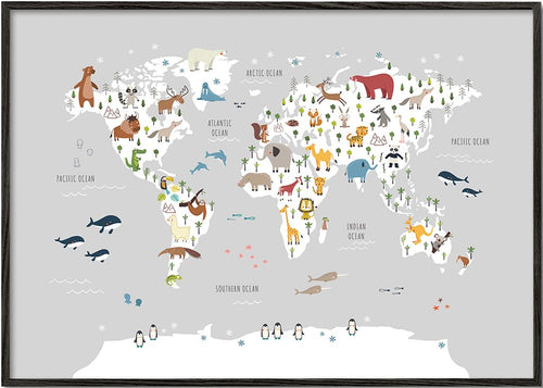 World Map with animals grey