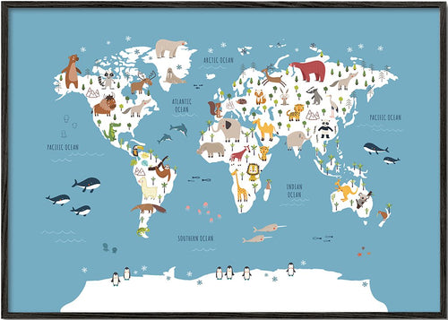 World Map with animals blue
