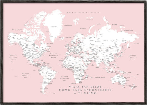Detailed pink world map with labels in Spanish, Leire