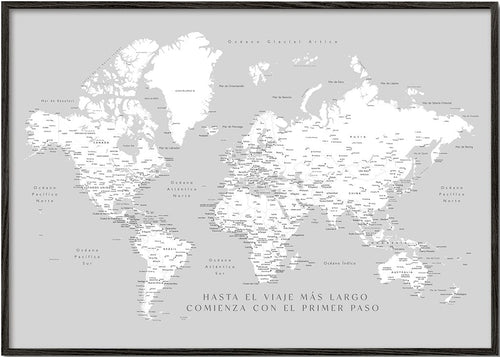 Detailed gray world map with labels in Spanish, Hart
